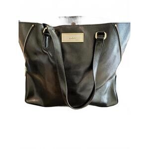 DKNY Black Leather Tote Handbag with Zipper Detail